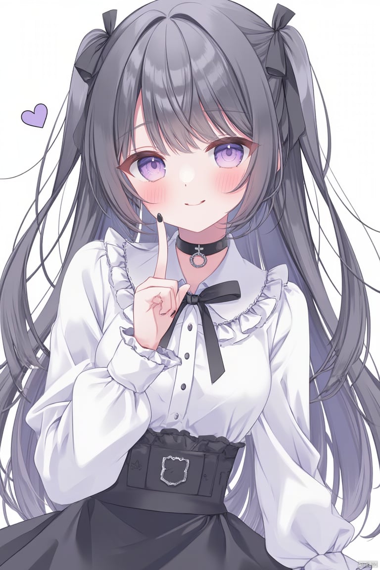 1girl, solo, long hair, looking at viewer, blush, smile, bangs, skirt, shirt, black hair, long sleeves, white background, bow, very long hair, purple eyes, white shirt, :d, hair bow, heart, frills, choker, puffy sleeves, collared shirt, hand up, black skirt, nail polish, two side up, sleeves past wrists, black bow, black choker, black nails, index finger raised, puffy long sleeves