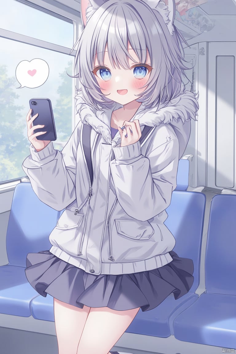 1girl, solo, blush, smile, open mouth, bangs, blue eyes, skirt, long sleeves, holding, animal ears, jacket, :d, grey hair, heart, socks, cat ears, hood, coat, animal ear fluff, phone, cellphone, smartphone, spoken heart, holding phone, train interior