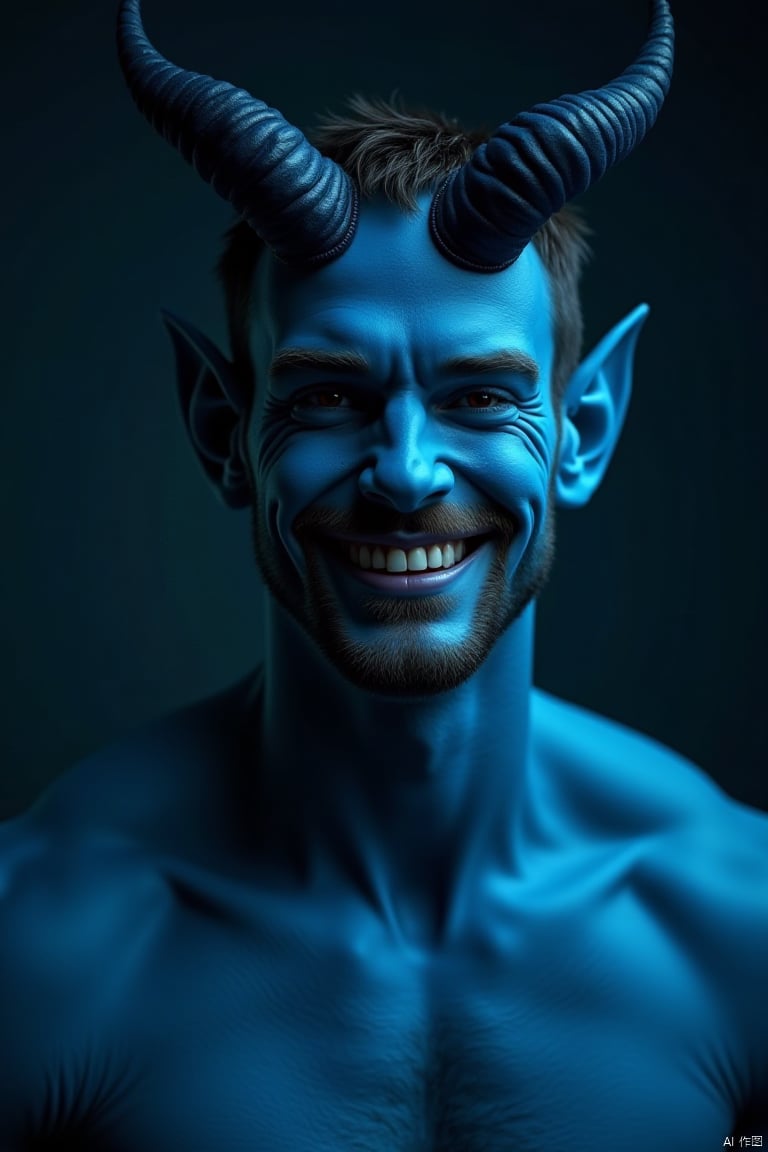 Cinematic film still, 8k resolution, ultrarealistic, (HDR, RAW, DSLR:1), (handsome, sexy blue male demon:1.1), blue muscular_body, (((realistic skin texture))), stubble, ((blue devil horns:1)), intricate eyes, (evil smirk), handsome masculine facial features, short hair,
