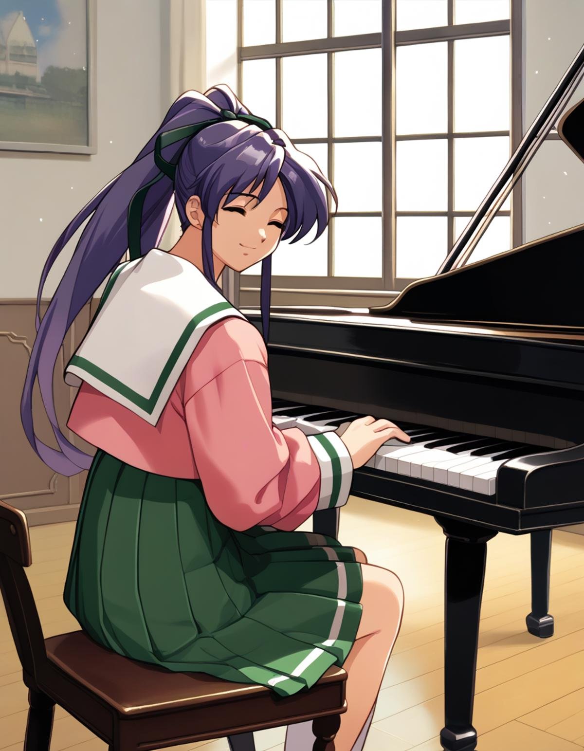 score_9,  score_8_up, score_7_up<lora:takabe-eri-ponyxl-000028:1> takabe, purple hair, hair ribbon, serafuku, pink shirt, pleated skirt, green skirt,1girl, closed eyes, light smile, solo, sitting, piano, piano bench, window, sunbeam 