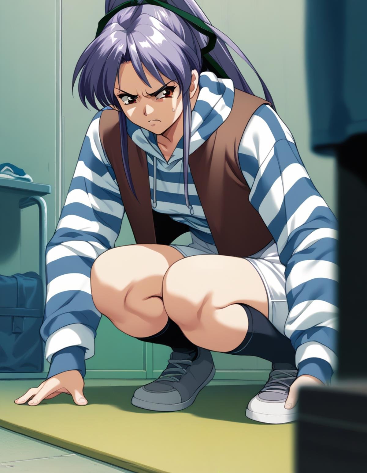 score_9,  score_8_up, score_7_up<lora:takabe-eri-ponyxl-000028:1> takabe, purple hair, hair ribbon, open vest, brown vest, striped hoodie, white hoodie, blue hoodie,  white skirt,1girl, angry, squatting, dressing room