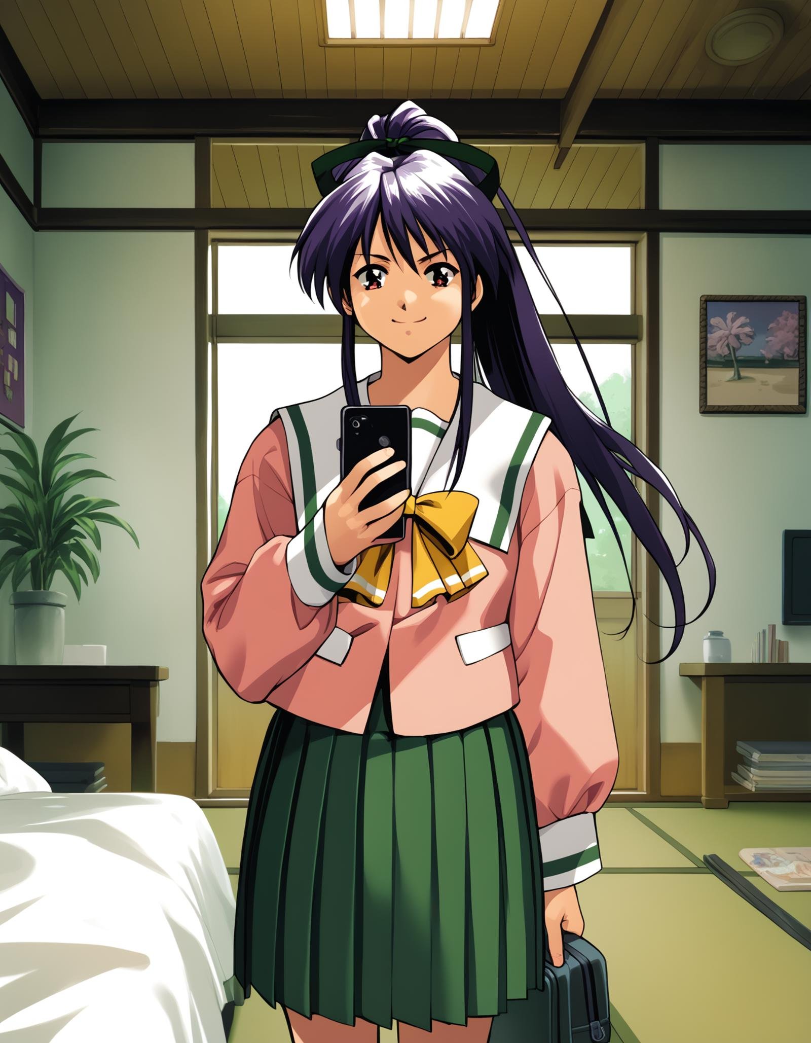 score_9,  score_8_up, score_7_up<lora:takabe-eri-ponyxl-000028:1> takabe, purple hair, hair ribbon, serafuku, pink shirt, pleated skirt, green skirt,1girl, smirk, cowboy shot, bedroom, looking at phone, ceiling fan, tatami, plant