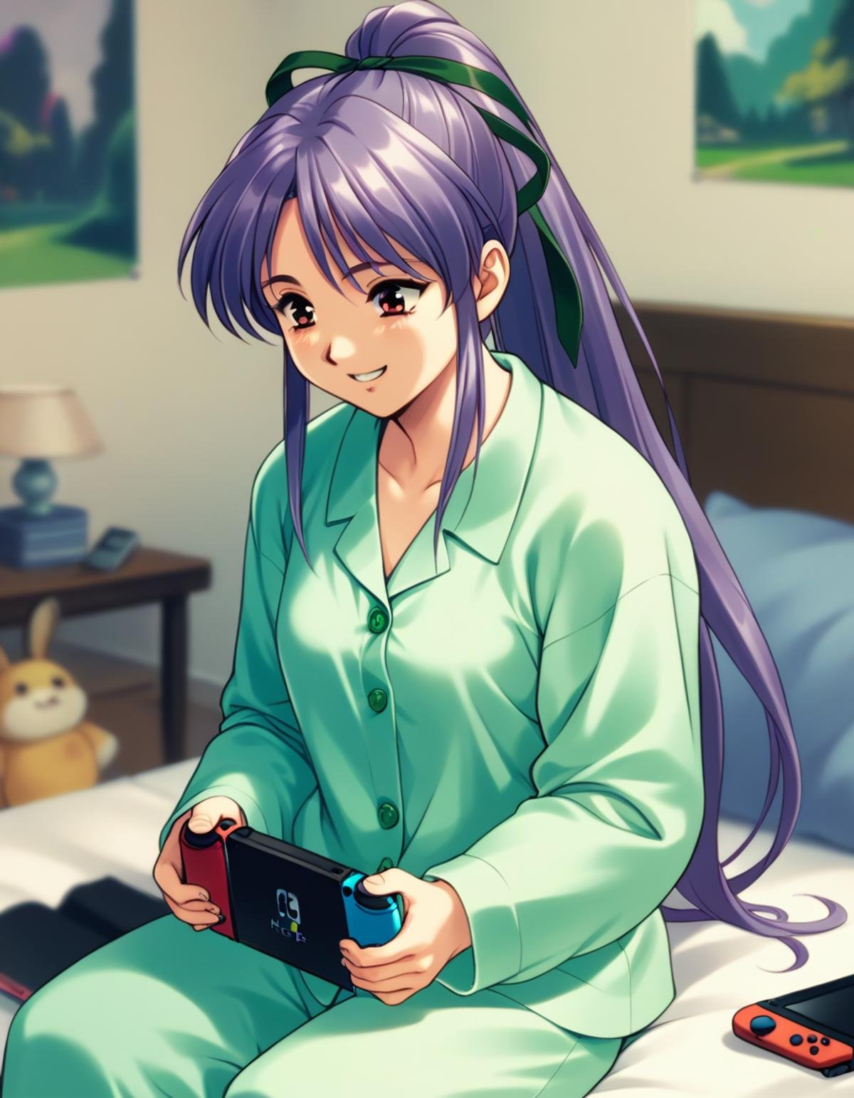 score_9,  score_8_up, score_7_up<lora:takabe-eri-ponyxl-000028:0.8> takabe, purple hair, hair ribbon, pajamas, green pajamas1girl, solo, happy, bedroom, sitting, bed, playing games, nintendo switch