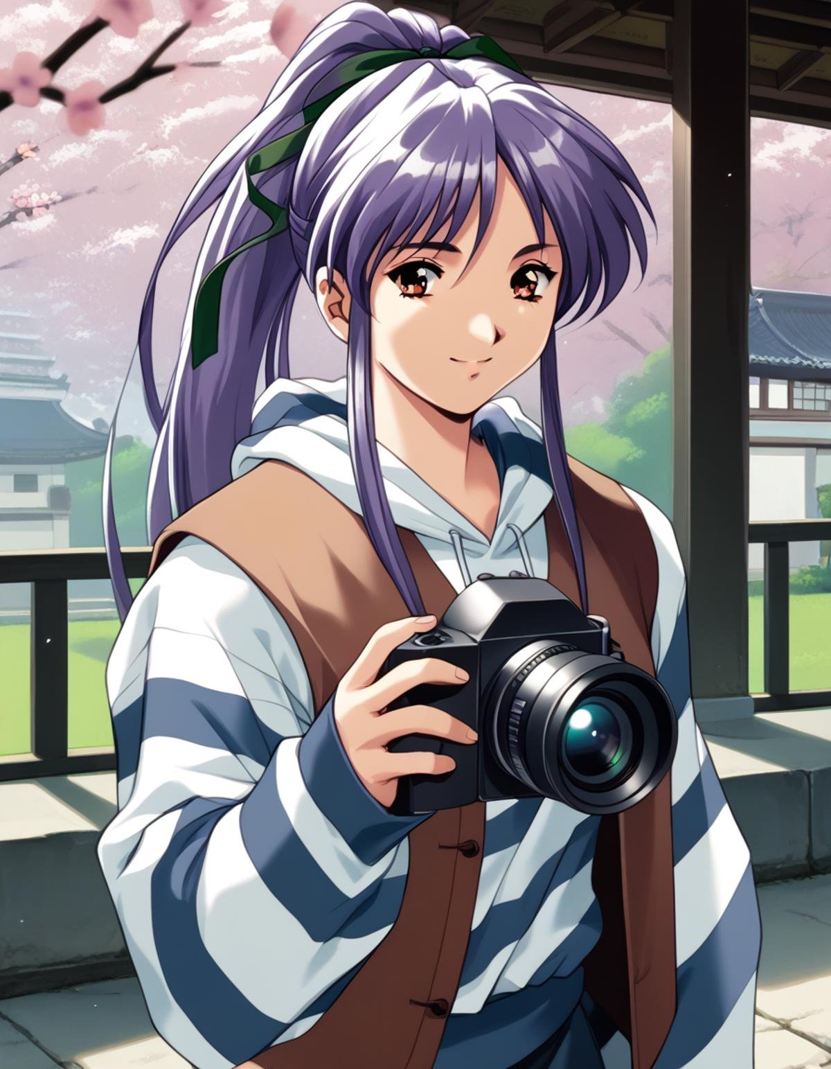 score_9,  score_8_up, score_7_up<lora:takabe-eri-ponyxl-000028:1> takabe, purple hair, hair ribbon, open vest, brown vest, striped hoodie, white hoodie, blue hoodie,1girl, solo, light smile, holding camera, taking picture, east asian architecture, cherry blossoms