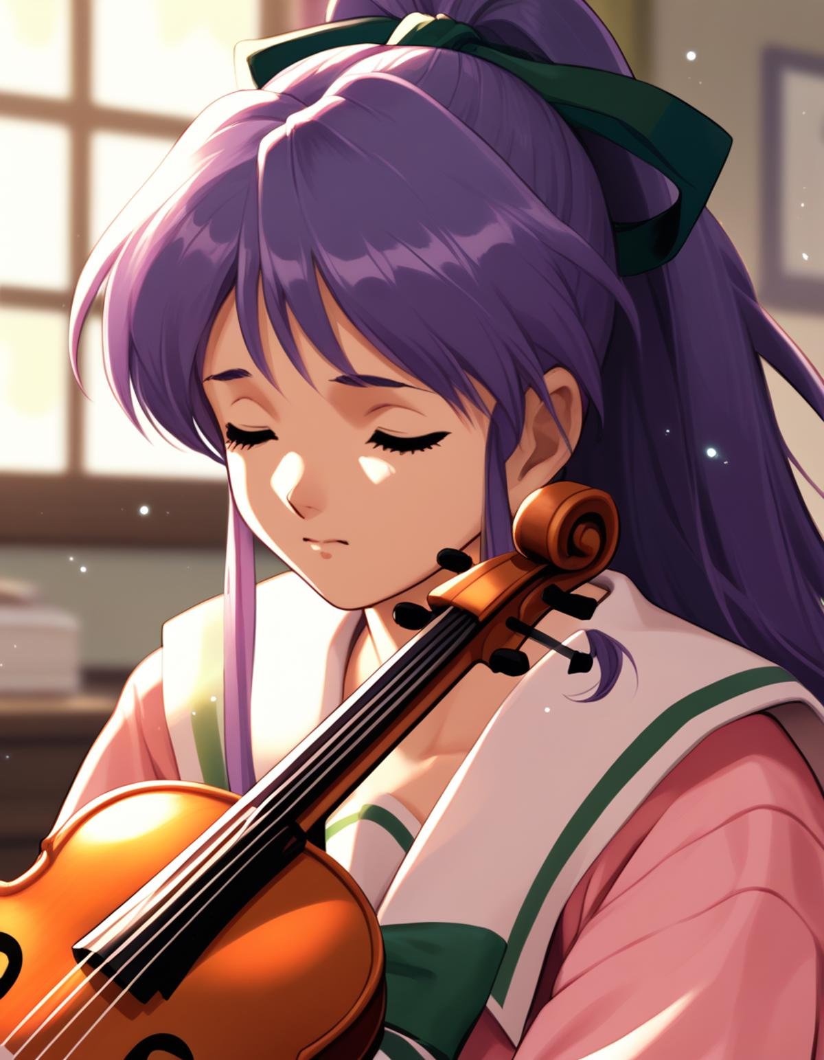 score_9,  score_8_up, score_7_up<lora:takabe-eri-ponyxl-000028:1> takabe, purple hair, hair ribbon, serafuku, pink shirt,1girl, solo, upper body, bedroom, violin, bliss, closed eyes, light particles