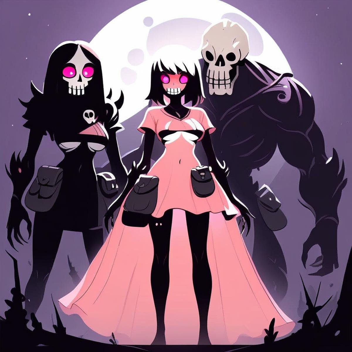 closed eyes, navel, pink dress, underboob, colored sclera, bikini, from behind, teeth, pouch, giant, full body, skull, moon, backlighting, monster girl, black gloves, short sleeves, black nails