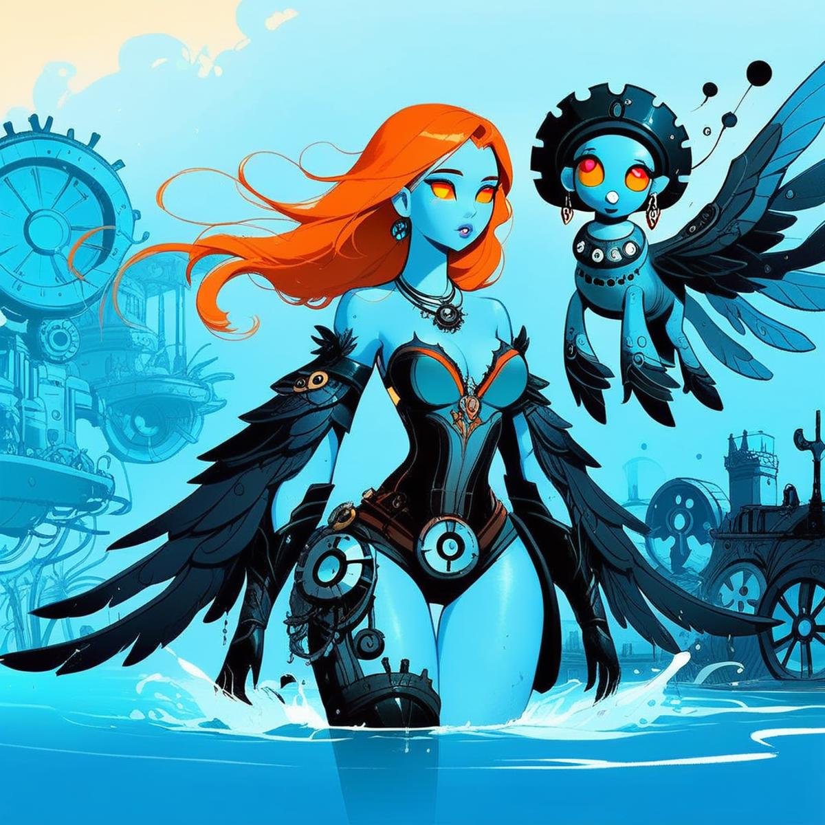 earrings, thighs, bare shoulders, black gloves, breasts, lips, partially submerged, parted lips, floating hair, blue theme, necklace, shadow, yellow sclera, gears, winged arms, orange hair, blue skin, scenery