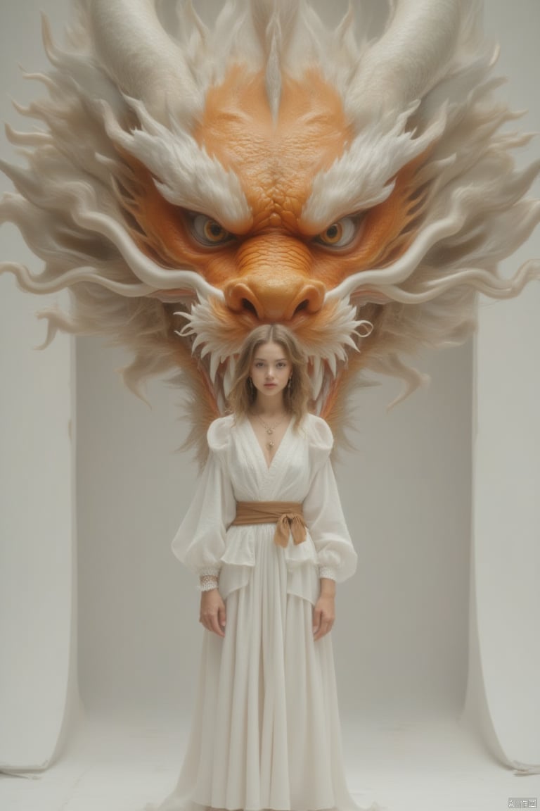 a woman in a white dress stands in front of a backdrop of a large dragon. The dragon's head is adorned with a vibrant orange crown, adding a pop of color to the scene. The woman's dress is adorned by a brown belt, adding depth to the overall composition. The backdrop is a stark white wall, creating a stark contrast to the woman and the dragon.,loong