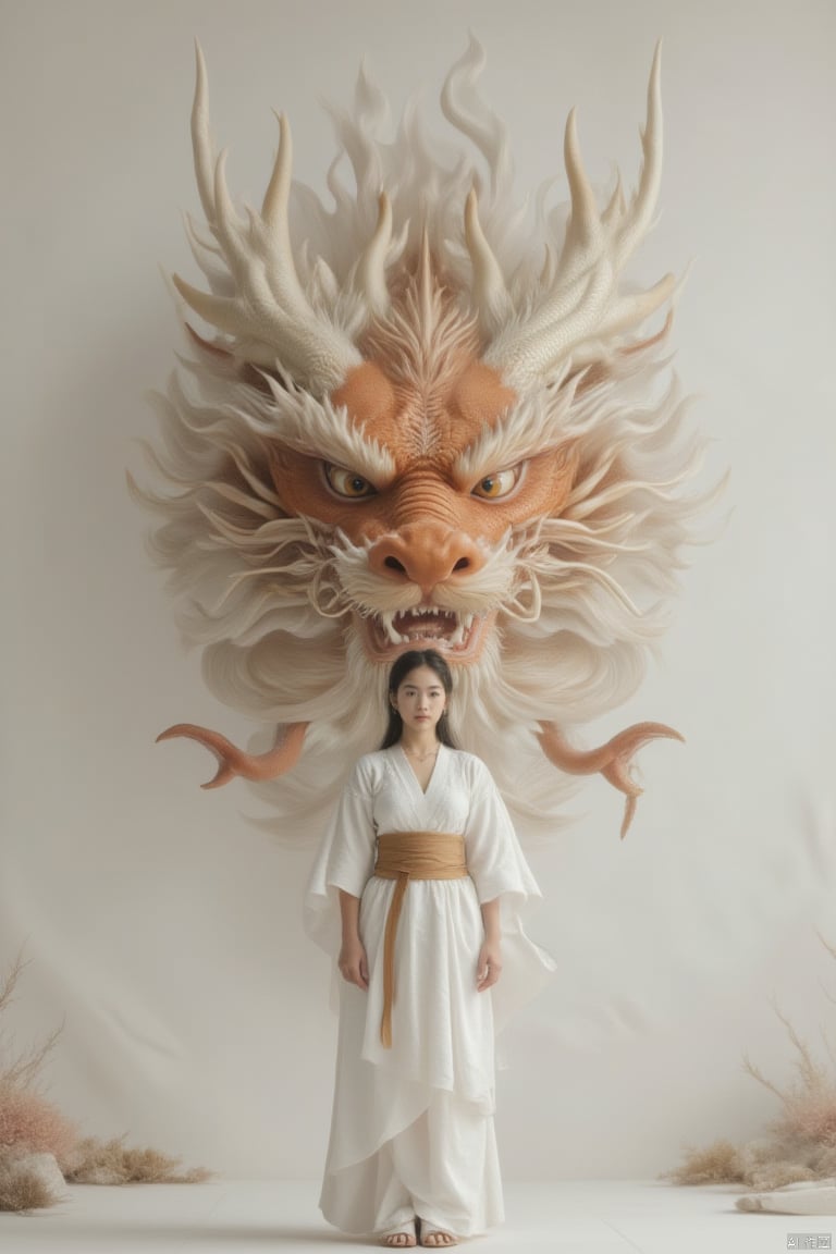 a woman in a white dress stands in front of a backdrop of a large dragon. The dragon's head is adorned with a vibrant orange crown, adding a pop of color to the scene. The woman's dress is adorned by a brown belt, adding depth to the overall composition. The backdrop is a stark white wall, creating a stark contrast to the woman and the dragon.,loong