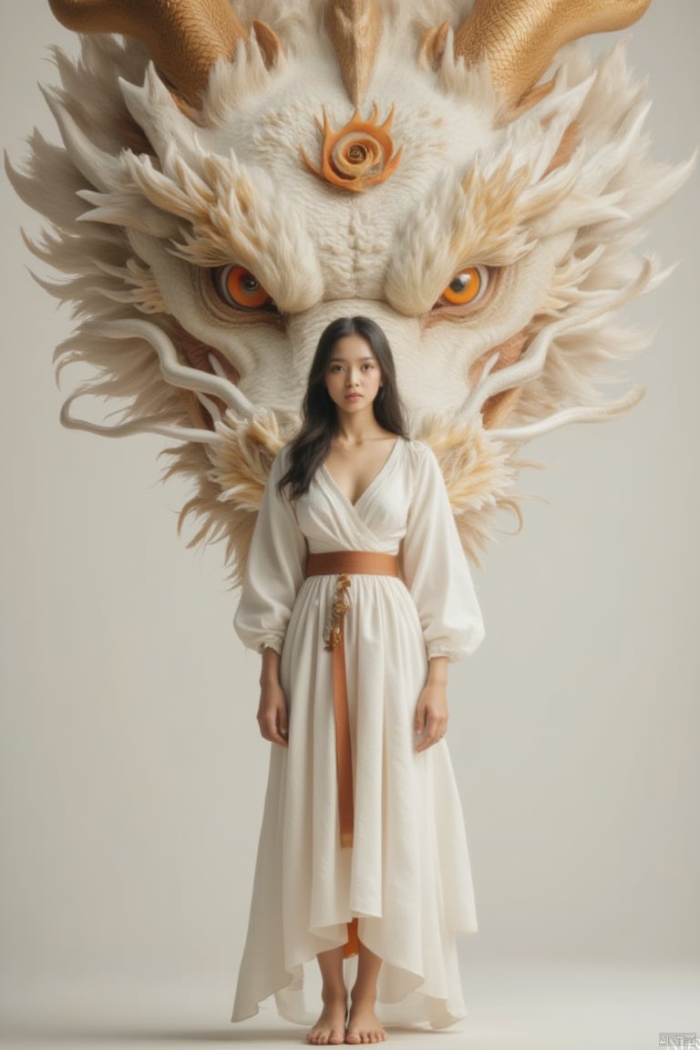 a woman in a white dress stands in front of a backdrop of a large dragon. The dragon's head is adorned with a vibrant orange crown, adding a pop of color to the scene. The woman's dress is adorned by a brown belt, adding depth to the overall composition. The backdrop is a stark white wall, creating a stark contrast to the woman and the dragon.