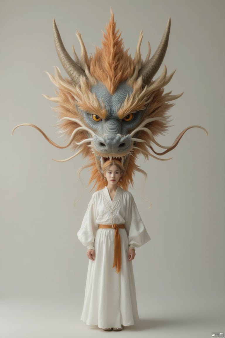 a woman in a white dress stands in front of a backdrop of a large dragon. The dragon's head is adorned with a vibrant orange crown, adding a pop of color to the scene. The woman's dress is adorned by a brown belt, adding depth to the overall composition. The backdrop is a stark white wall, creating a stark contrast to the woman and the dragon.,loong