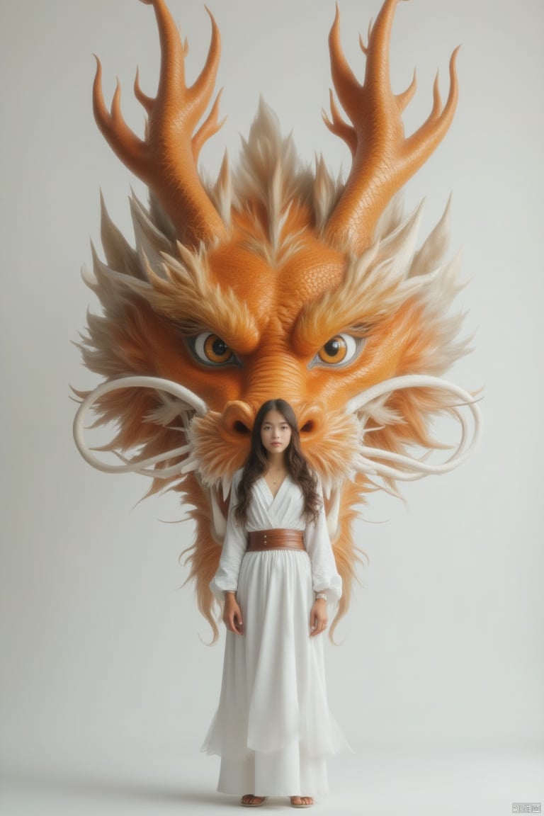 a woman in a white dress stands in front of a backdrop of a large dragon. The dragon's head is adorned with a vibrant orange crown, adding a pop of color to the scene. The woman's dress is adorned by a brown belt, adding depth to the overall composition. The backdrop is a stark white wall, creating a stark contrast to the woman and the dragon.,loong