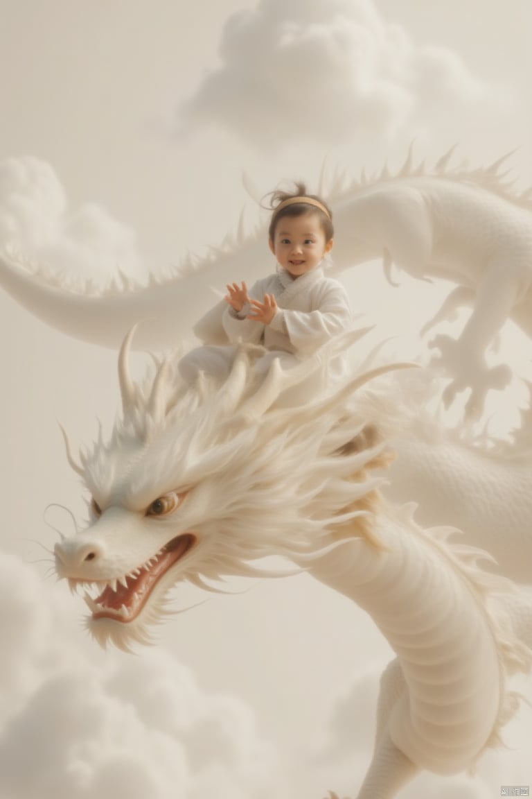 a medium-sized Asian baby girl is seated on a large, light-colored dragon, soaring through the air. The baby is dressed in a white long-sleeved shirt, adorned with a brown headband. Her hair is tied up in a ponytail, adding a touch of color to the scene. The dragon's head is adorned with white feathers, and its mouth is open, revealing its sharp teeth. The backdrop is a pale blue, dotted with fluffy white clouds.