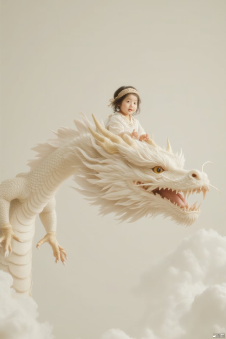 a medium-sized Asian baby girl is seated on a large, light-colored dragon, soaring through the air. The baby is dressed in a white long-sleeved shirt, adorned with a brown headband. Her hair is tied up in a ponytail, adding a touch of color to the scene. The dragon's head is adorned with white feathers, and its mouth is open, revealing its sharp teeth. The backdrop is a pale blue, dotted with fluffy white clouds.