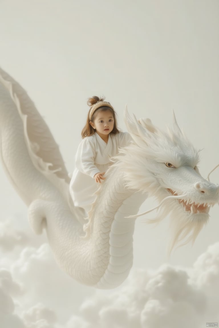 a medium-sized Asian baby girl is seated on a large, light-colored dragon, soaring through the air. The baby is dressed in a white long-sleeved shirt, adorned with a brown headband. Her hair is tied up in a ponytail, adding a touch of color to the scene. The dragon's head is adorned with white feathers, and its mouth is open, revealing its sharp teeth. The backdrop is a pale blue, dotted with fluffy white clouds.,loong