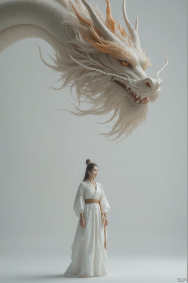 a woman in a white dress stands in front of a backdrop of a large dragon. The dragon's head is adorned with a vibrant orange crown, adding a pop of color to the scene. The woman's dress is adorned by a brown belt, adding depth to the overall composition. The backdrop is a stark white wall, creating a stark contrast to the woman and the dragon.,loong