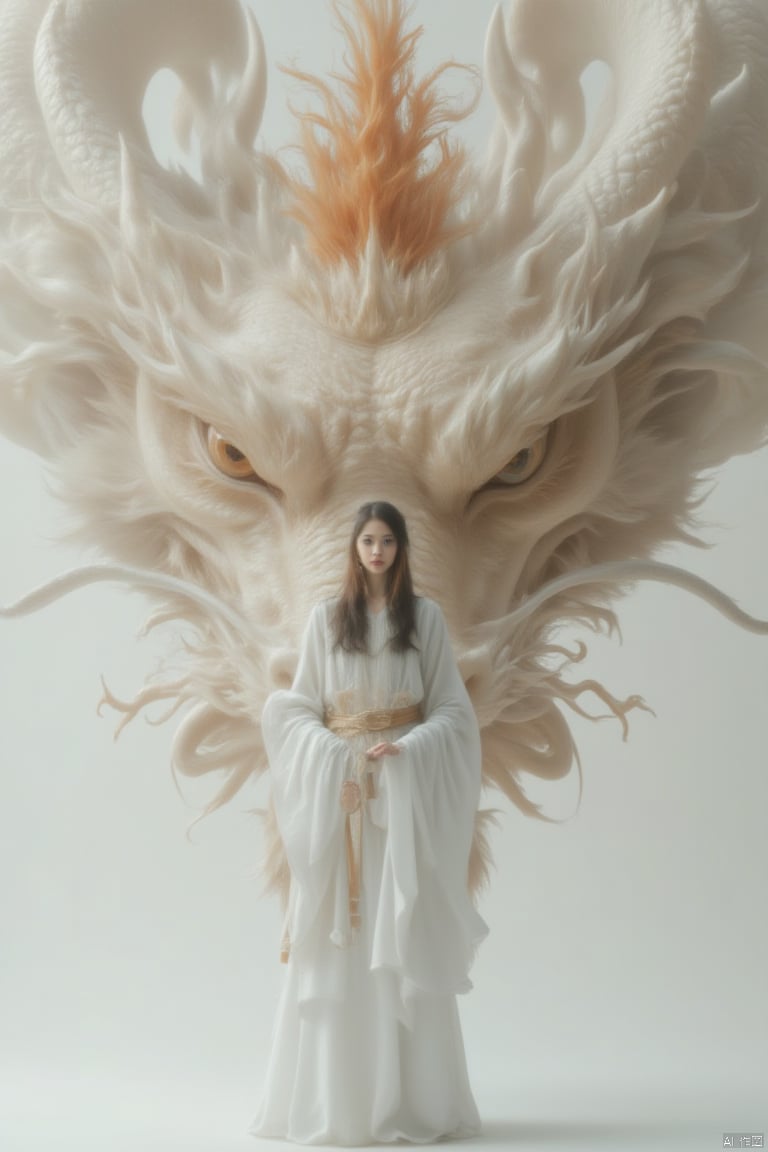 a woman in a white dress stands in front of a backdrop of a large dragon. The dragon's head is adorned with a vibrant orange crown, adding a pop of color to the scene. The woman's dress is adorned by a brown belt, adding depth to the overall composition. The backdrop is a stark white wall, creating a stark contrast to the woman and the dragon.,loong