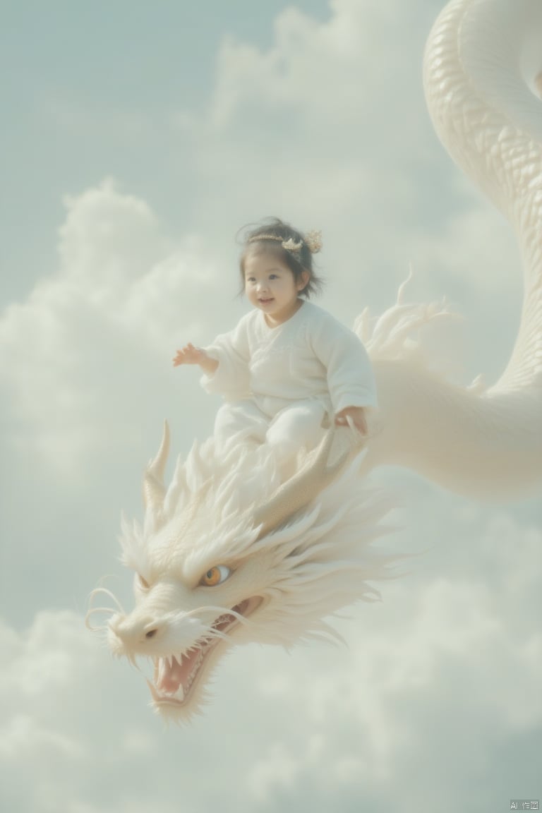 a medium-sized Asian baby girl is seated on a large, light-colored dragon, soaring through the air. The baby is dressed in a white long-sleeved shirt, adorned with a brown headband. Her hair is tied up in a ponytail, adding a touch of color to the scene. The dragon's head is adorned with white feathers, and its mouth is open, revealing its sharp teeth. The backdrop is a pale blue, dotted with fluffy white clouds.,loong