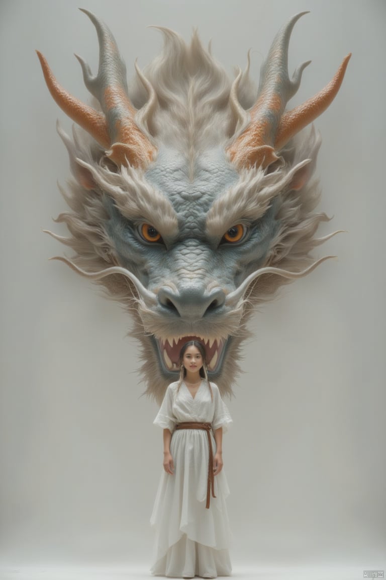 a woman in a white dress stands in front of a backdrop of a large dragon. The dragon's head is adorned with a vibrant orange crown, adding a pop of color to the scene. The woman's dress is adorned by a brown belt, adding depth to the overall composition. The backdrop is a stark white wall, creating a stark contrast to the woman and the dragon.,loong