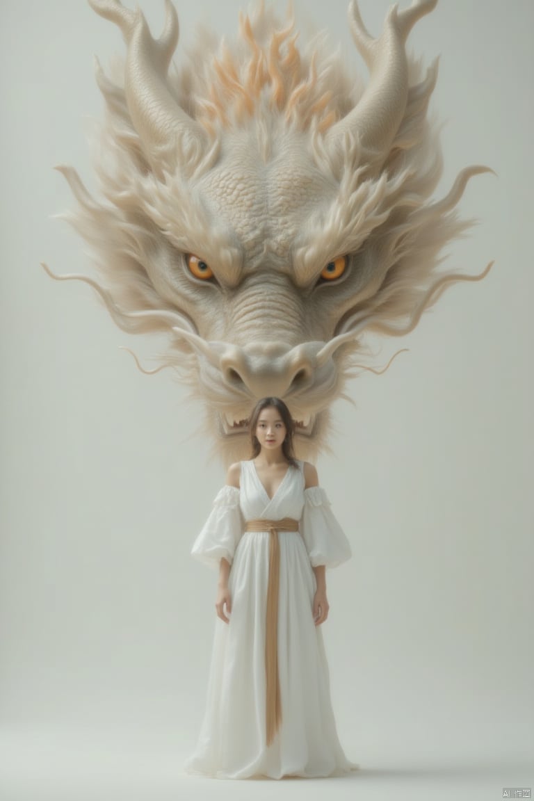 a woman in a white dress stands in front of a backdrop of a large dragon. The dragon's head is adorned with a vibrant orange crown, adding a pop of color to the scene. The woman's dress is adorned by a brown belt, adding depth to the overall composition. The backdrop is a stark white wall, creating a stark contrast to the woman and the dragon.,loong