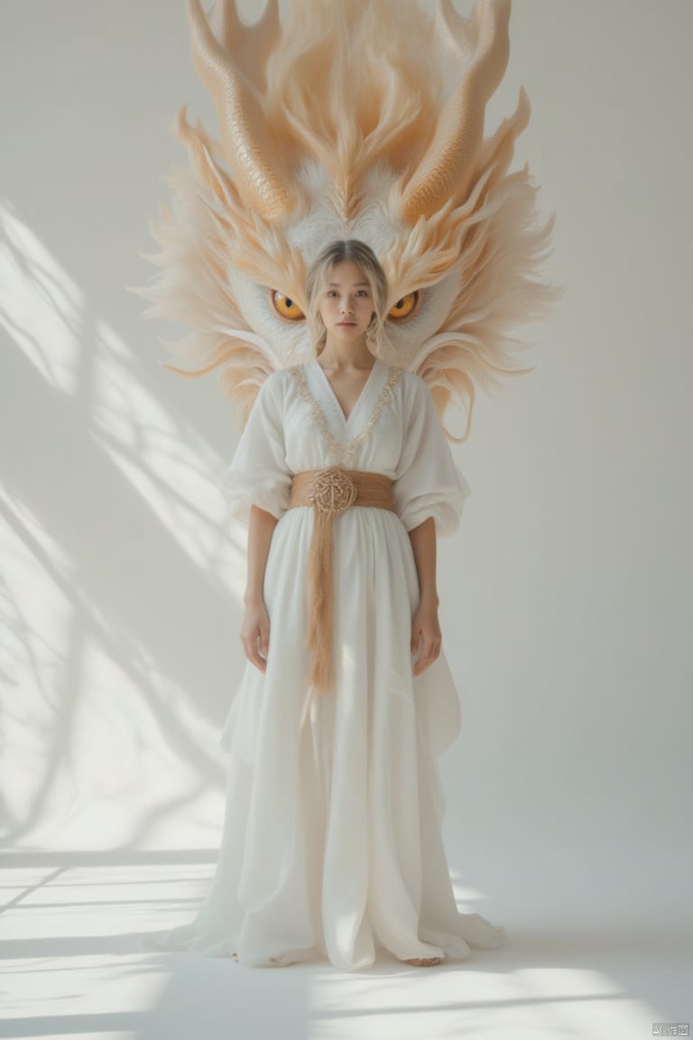 a woman in a white dress stands in front of a backdrop of a large dragon. The dragon's head is adorned with a vibrant orange crown, adding a pop of color to the scene. The woman's dress is adorned by a brown belt, adding depth to the overall composition. The backdrop is a stark white wall, creating a stark contrast to the woman and the dragon.,loong