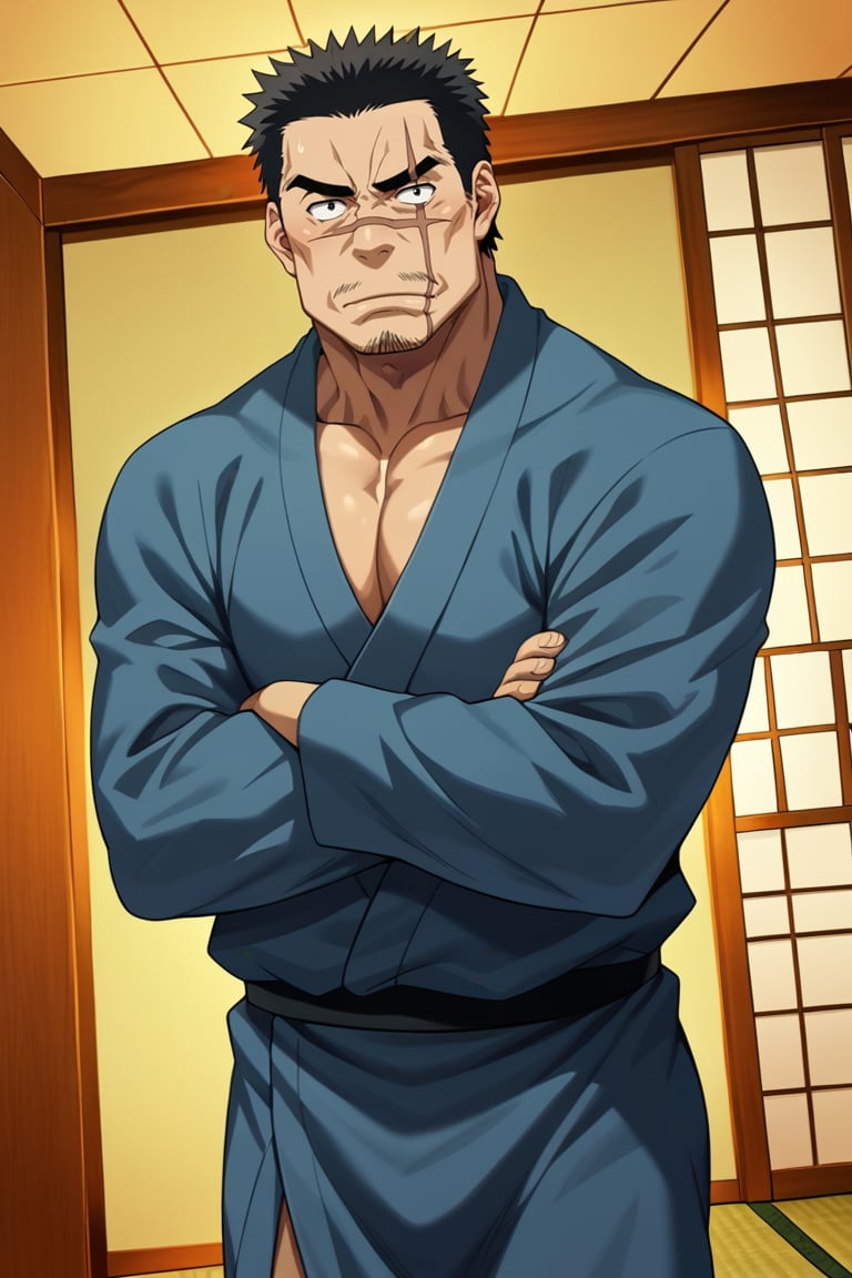 score_9, score_8_up, score_7_up, score_6_up, perfect anatomy, perfect proportions, best quality, masterpiece, high_resolution, high quality, best aesthetic, incredibly absurdres, highres, extremely detailed, huge filesize, mature, masculine, manly, virile, handsome, charming, alluring, bara, male focus, solo male, cowboy shot, dutch angle, source_anime \(My Bride is a Mermaid\), anime coloring \(My Bride is a Mermaid\), Gozaburo Seto \My Bride is a Mermaid\), MBMGozaburo, black hair, short hair, black eyes, sanpaku, sideburns, facial hair, stubble, thick eyebrows, scar across eye, scar across nose, Gozaburo_Outfit02, Japanese clothes, grey-blue yukata, (black haori:1.3), indoors, tatami, sliding shoji doors, arms crossed, look at viewer