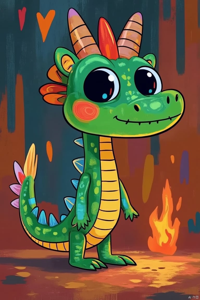 Cute little crocodile, alone, looking at the audience, smiling, standing, tail, whole body, horns, blurry, black eyes, no one, fire, claws, poster title "Flux" written in calligraphy