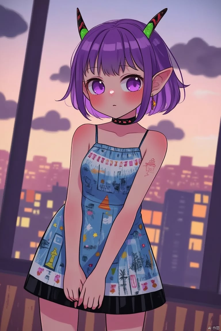 1girl, solo, breasts, looking at viewer, blush, short hair, bangs, dress, bare shoulders, closed mouth, standing, purple eyes, collarbone, purple hair, sweat, small breasts, horns, sky, sleeveless, choker, cloud, indoors, bare arms, dutch angle, window, sleeveless dress, feet out of frame, black choker, building, sunset, spaghetti strap, print dress