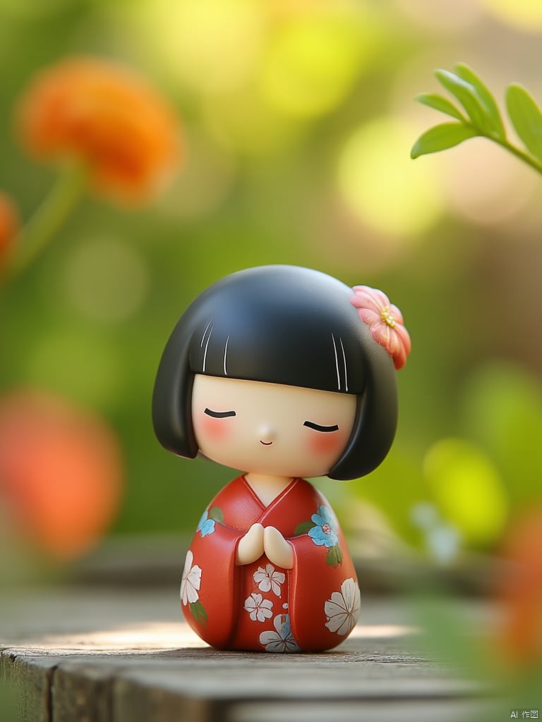 OBwawa,This is a high-resolution photograph featuring a delicate, stylized Japanese doll, or "Doll," sitting on a weathered wooden surface. The doll has a round, smooth face with a serene expression, characterized by closed eyes and a small, closed mouth. Its hair is black and styled in a simple, neat bob with a pink flower accessory. The doll is dressed in a traditional red kimono adorned with white and blue floral patterns, adding a touch of elegance and cultural heritage. The kimono is held closed at the front with a simple, white obi sash. The background is a softly blurred, bokeh effect that highlights various shades of green and orange, indicating a lush, outdoor setting with foliage and flowers. The lighting is natural, likely from sunlight filtering through leaves, creating a warm, inviting atmosphere. The overall composition of the photograph is serene and peaceful, with a focus on the doll's simplicity and the natural beauty of the surroundings.