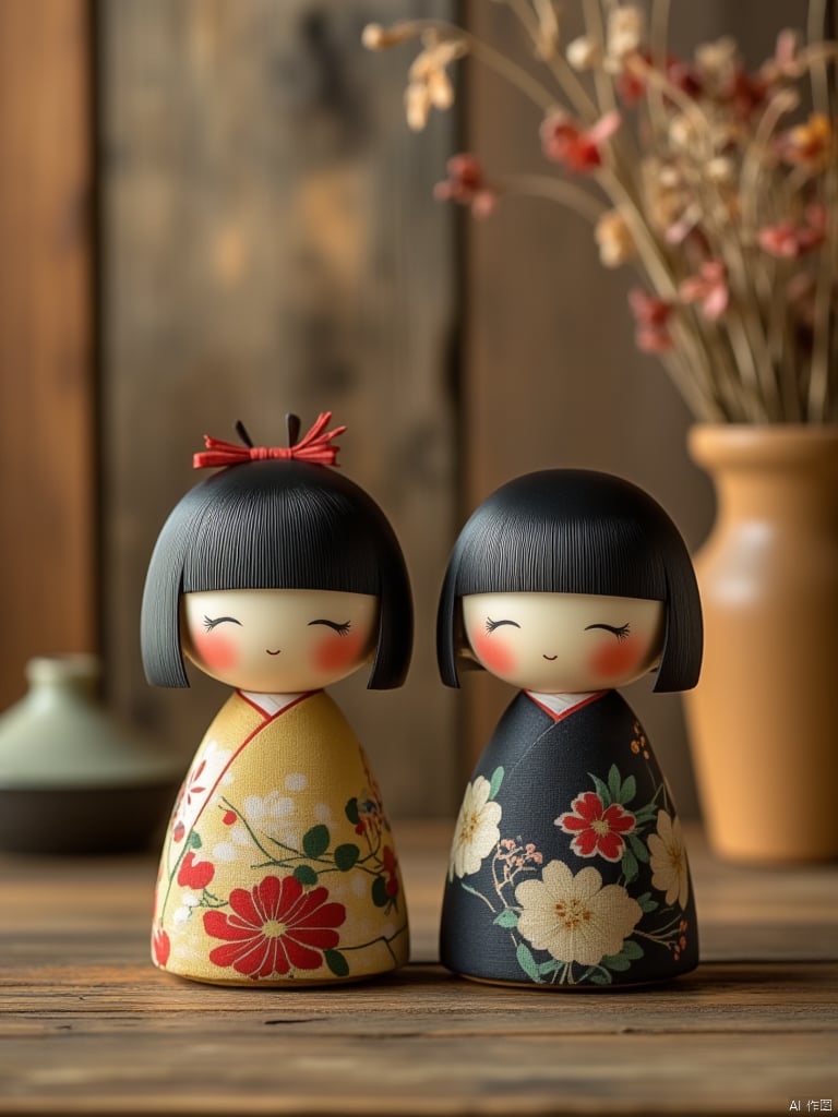 OBwawa,This is a high-resolution photograph featuring two traditional Japanese dolls, or "Doll Girls," positioned side by side on a rustic wooden table. The dolls are characterized by their serene, closed eyes and rosy cheeks, giving them a peaceful, contemplative appearance. Their hair is styled in a sleek, black bob with a red ribbon tied in a bow at the top.The doll on the left is dressed in a light yellow kimono adorned with vibrant red and green floral patterns, creating a lively and cheerful contrast. The fabric is slightly textured, giving it a tactile quality.The doll on the right wears a darker, navy blue kimono with a more subdued floral pattern in shades of white, green, and red, giving it a sophisticated and elegant look. The fabric on this doll is smoother and more polished, with a slight sheen.The background consists of a wooden surface with visible grain and texture, adding warmth and a rustic feel to the scene. To the right of the dolls, there is a vase filled with dried flowers, adding a touch of natural beauty to the composition. The overall setting suggests a serene, traditional Japanese ambiance.