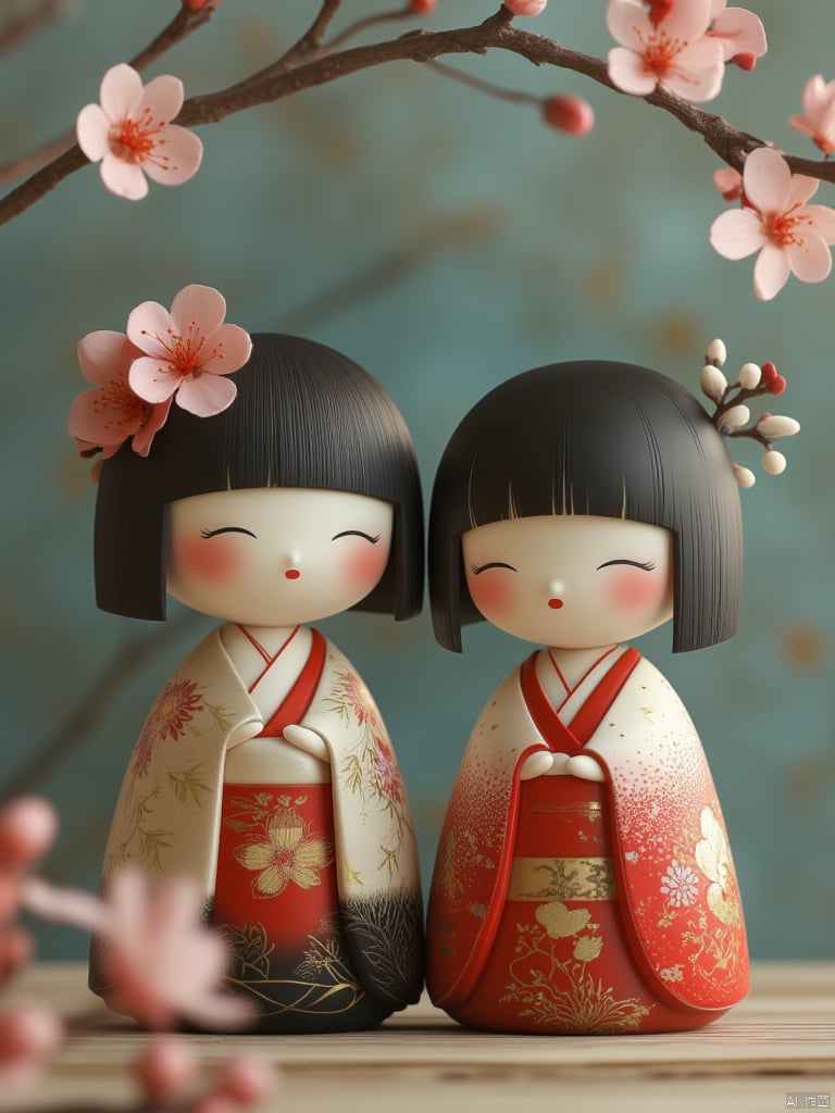 OBwawa,This image is a highly detailed, digital illustration depicting two traditional Japanese dolls, known as "hina ningyo," standing side by side. The dolls have smooth, porcelain-like skin and are adorned with elaborate, traditional Japanese attire. Their hair is styled in a straight, jet-black bob, and they both wear ornate, red and gold kimonos with intricate floral patterns. The kimono sleeves are wide and draped elegantly, with a red sash tied at the waist. Each doll has a small, red flower in their hair, adding a touch of color and detail.The background features a blurred, teal-blue wall that provides a serene backdrop. In the foreground, two branches of a cherry blossom tree are visible, with delicate pink blossoms in full bloom. The blossoms have a soft, almost translucent quality, and their stems are dark brown, contrasting with the light colors of the blossoms. The dolls stand on a wooden surface that has a subtle, rustic texture, adding depth and warmth to the scene. The overall style of the image is highly realistic, with a focus on fine details and textures, capturing the essence of traditional Japanese culture and artistry.