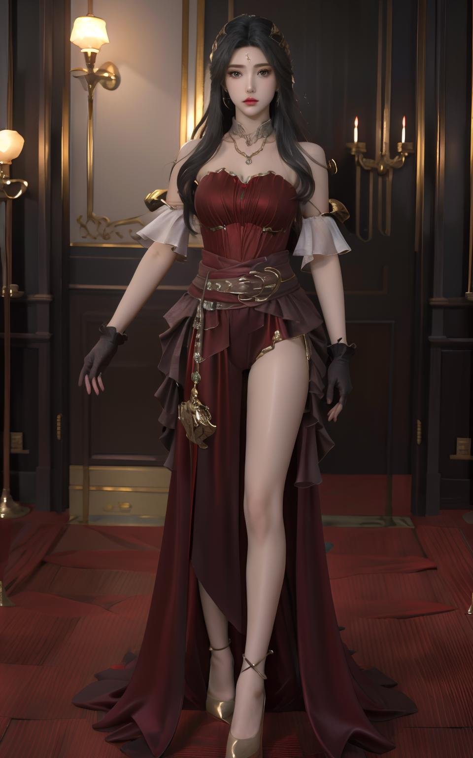 masterpiece,best quality,ultra detailed,photorealistic,1 women,solo,full body,<lora:lxmix:0.6>,lxmix,<lora:evelyn outfit:0.8>,evelyn outfit,accessories,gloves,jewelry,chain,