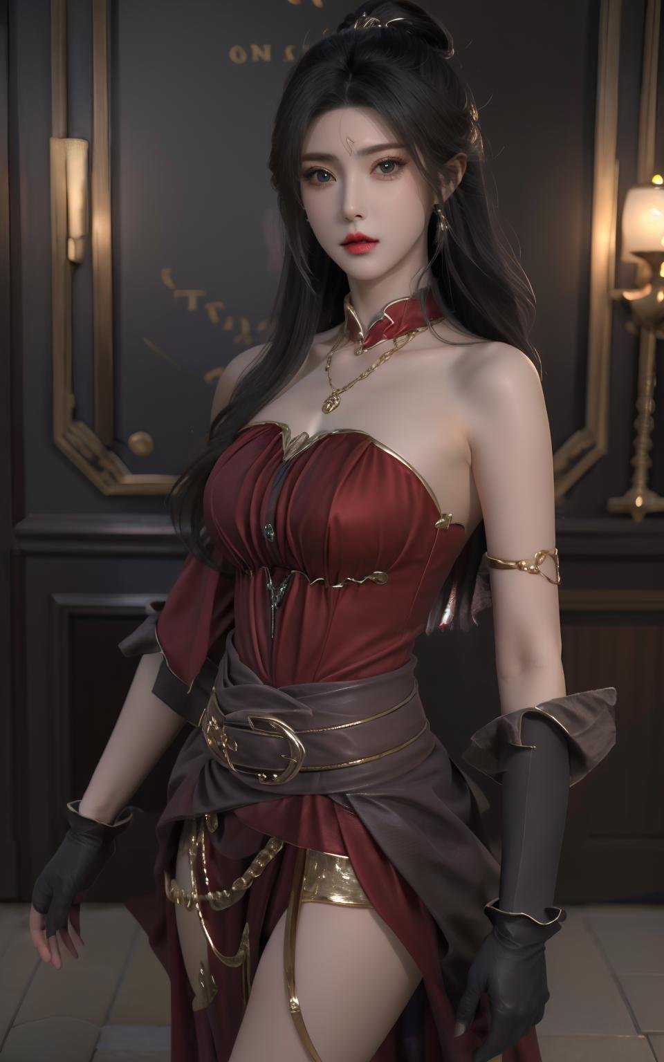 masterpiece,best quality,ultra detailed,photorealistic,1 women,solo,<lora:lxmix:0.6>,lxmix,<lora:evelyn outfit:0.8>,evelyn outfit,accessories,gloves,jewelry,chain,