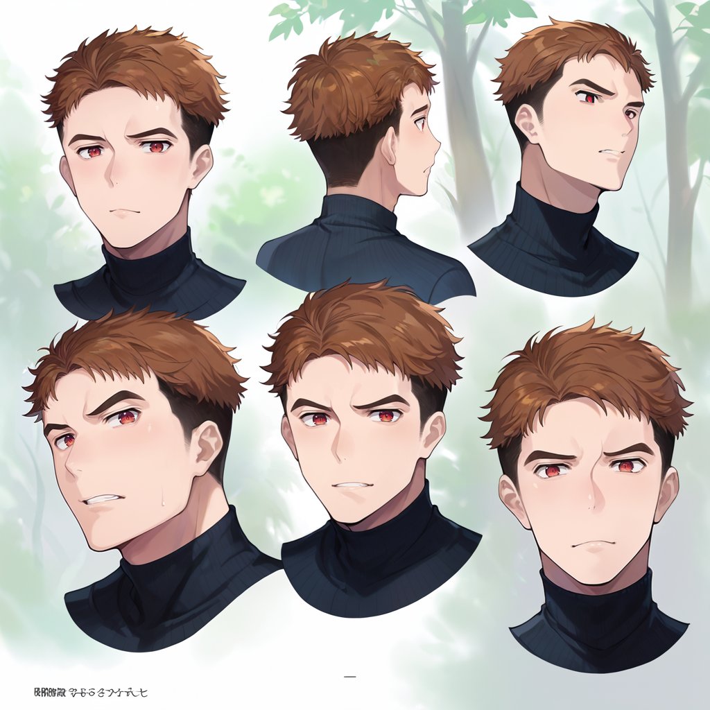 score_9_up, score_8_up, score_7_up, score_6_up, score_5_up, score_4_up, source_anime, detailed, masterpiece, perfect_proportion, (zPDXL3),
BREAK, 
six faces, separate faces, different expressions, reference sheet, expressions, multiple views, front view, side view, rear view, white background, countershading, solo, 1 male, 
BREAK,
shinkai_soyogu, brown hair, red eyes