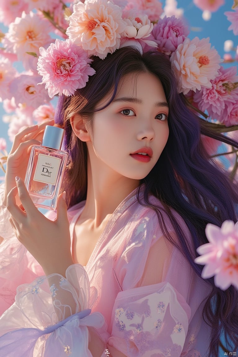 On the cover of Vogue, a beautiful Korean woman with purple and pink long hair, holding Dior "Streamline" perfume, wearing a shirt with light pink and white patterns, holding a bottle close to her face, surrounded by a wreath of flowers, huge flowers, posing for the magazine cover, lighting a professional photography studio, a blue background, and the words "TenKai" written on the top, photographed with Canon EOS R6 Mark II mirror less camera, the aperture is 35mm f/8, and the details are intricate.
