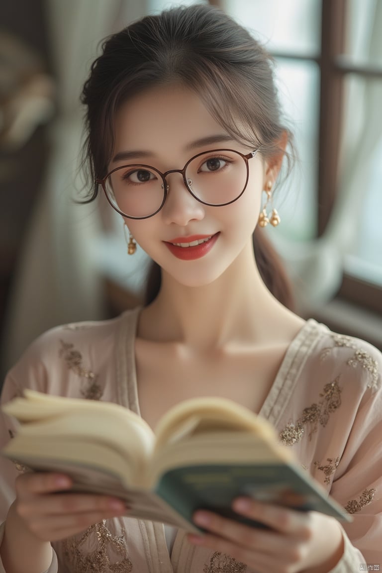 Asian portrait,Young woman with glasses,reading a book,wearing a light **** top,natural lighting,soft focus,close-up shot,serene expression,light makeup,slight smile,daytime setting,casual and relaxed pose,indoors with curtains in the background,high-resolution image,clear and detailed,partial view of hands holding book,warm color tone,intellectual and peaceful ambiance.,