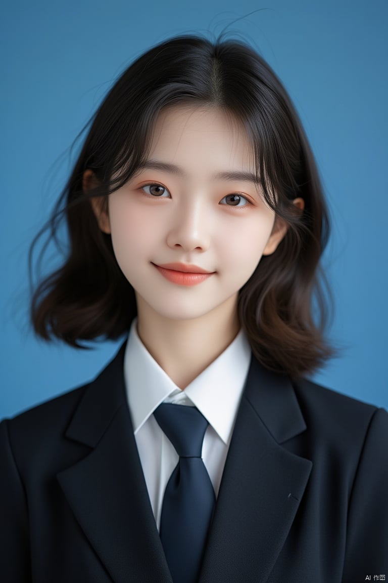 Asian girl,a photograph of a beautiful Asian girl in school uniform,with a solid blue background,in the style of ID photography. She has medium-length hair,a round face shape,and is wearing a white shirt,tie,and black blazer. Her makeup is simple,and she has a gentle,youthful smile with a natural expression,