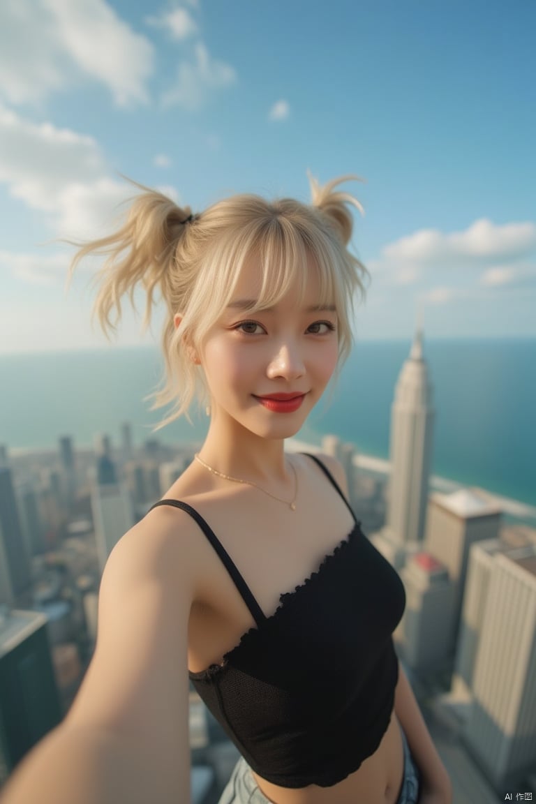 Asian girl,blonde hair,twintails,brown eyes,black **** top,medium breast,standing on the roof of a skyscraper,cool smile,blue sky and white clouds,film still,cinematic shot,selfie portrait,