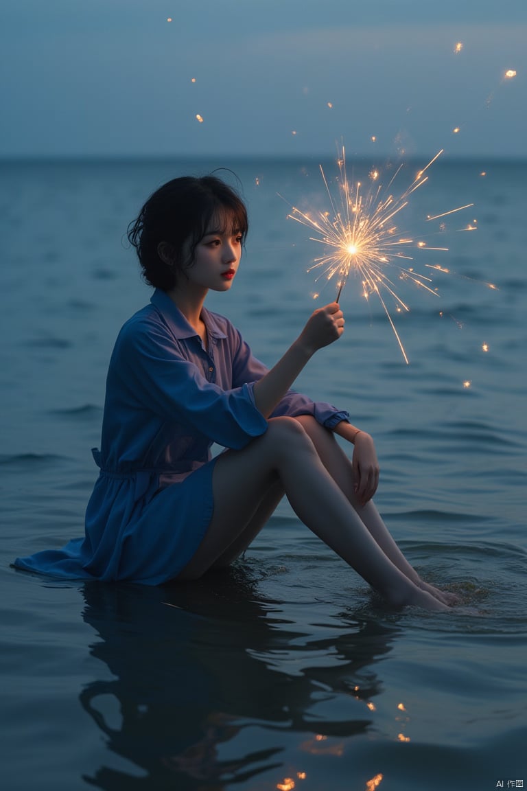 Fashion magazine cover,a beautiful 18-year-old Chinese girl,with a star-**** beauty,wearing blue (school uniform:1.3),black short messy hair,sitting in the sea water on the beach with legs hugged,exposing her feet,in the evening,(she raised the lit fireworks with one hand:1.3),her expression seemed very lonely and melancholy,(looking away:1.2),the photo exudes the atmosphere of youth and loneliness,film stock,(full body:1.2),barefoot,realistic photo,clear portrait,portrait photography master,realistic emotions,realistic light and dark relationship of the picture,realistic light and shadow,extreme details,realistic skin condition,8K ultra-high definition,award-winning photography,masterpiece,best quality,