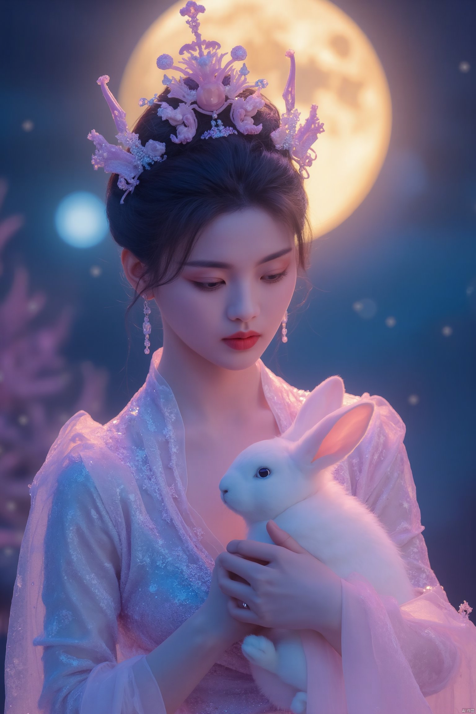 In a dreamlike scene, a woman embodying the Chang'e beauty stands out against a vibrant, fluorescent background teeming with stars. Her clean and beautiful face radiates serenity as she wears a kaleidoscope of colors that seem to shift and shimmer in harmony with the celestial bodies above. She holds a white rabbit close to her heart, while the glowing moon casts an ethereal light on the entire composition.
