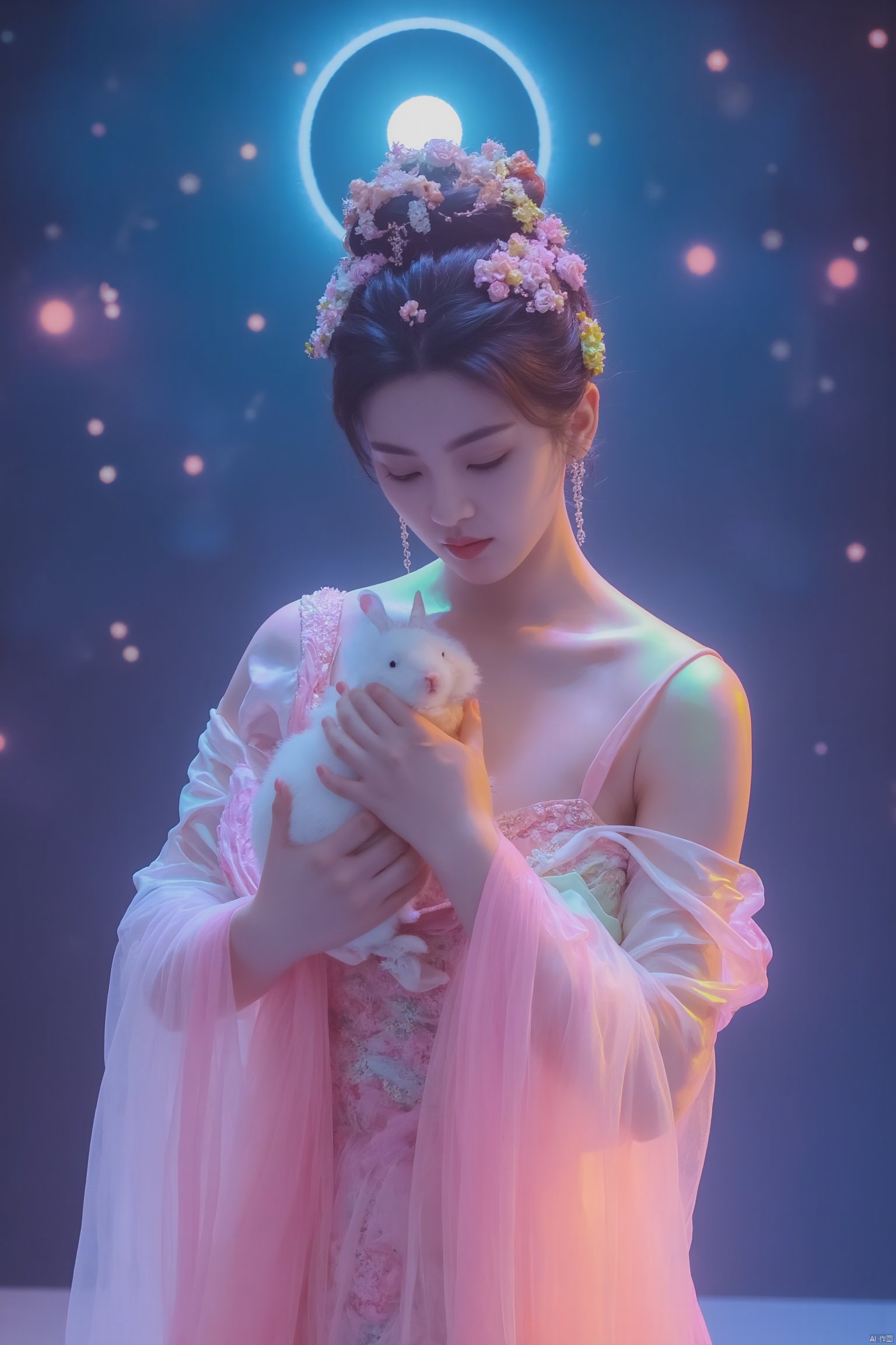 In a dreamlike scene, a woman embodying the Chang'e beauty stands out against a vibrant, fluorescent background teeming with stars. Her clean and beautiful face radiates serenity as she wears a kaleidoscope of colors that seem to shift and shimmer in harmony with the celestial bodies above. She holds a white rabbit close to her heart, while the glowing moon casts an ethereal light on the entire composition.
