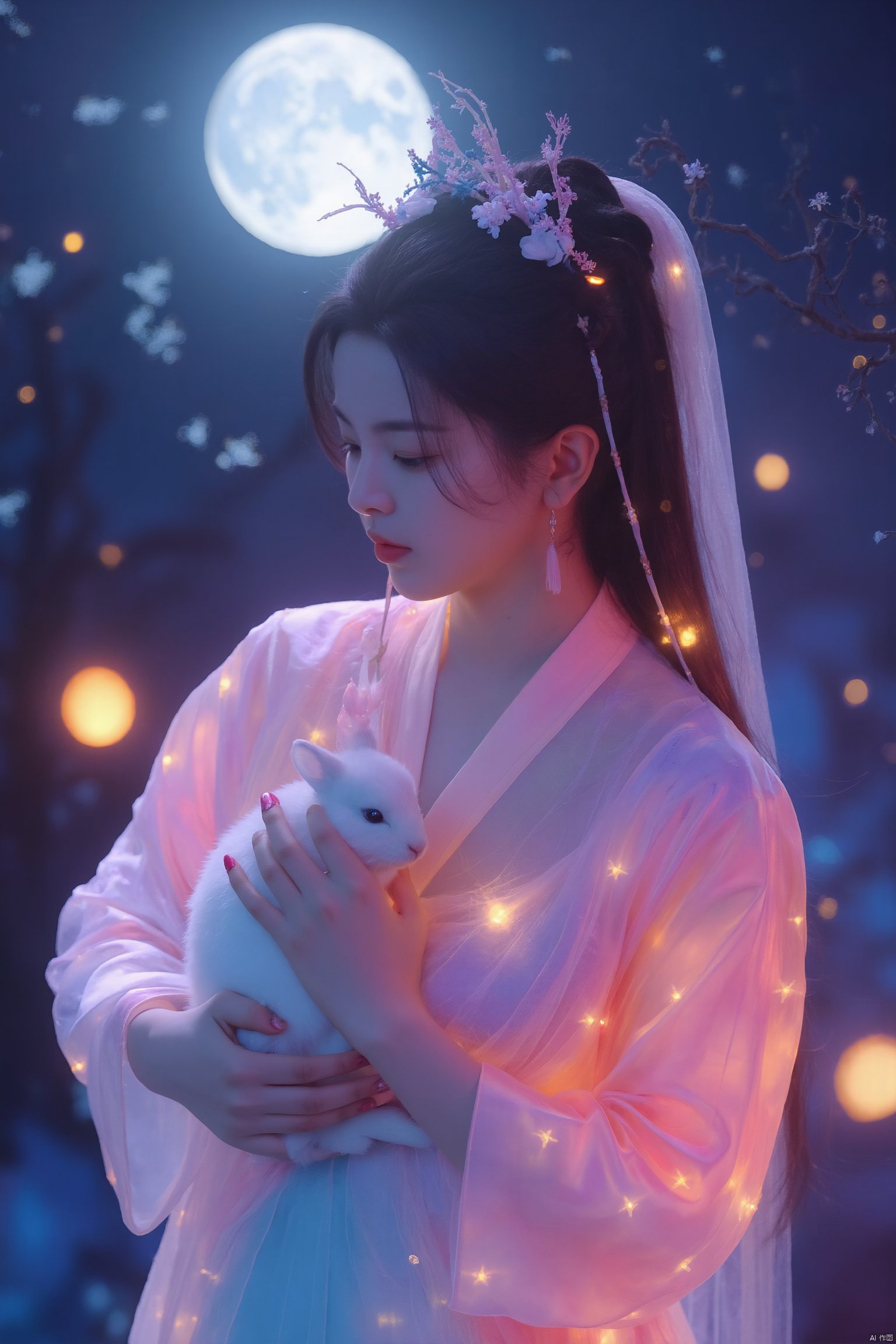 In a dreamlike scene, a woman embodying the Chang'e beauty stands out against a vibrant, fluorescent background teeming with stars. Her clean and beautiful face radiates serenity as she wears a kaleidoscope of colors that seem to shift and shimmer in harmony with the celestial bodies above. She holds a white rabbit close to her heart, while the glowing moon casts an ethereal light on the entire composition.
