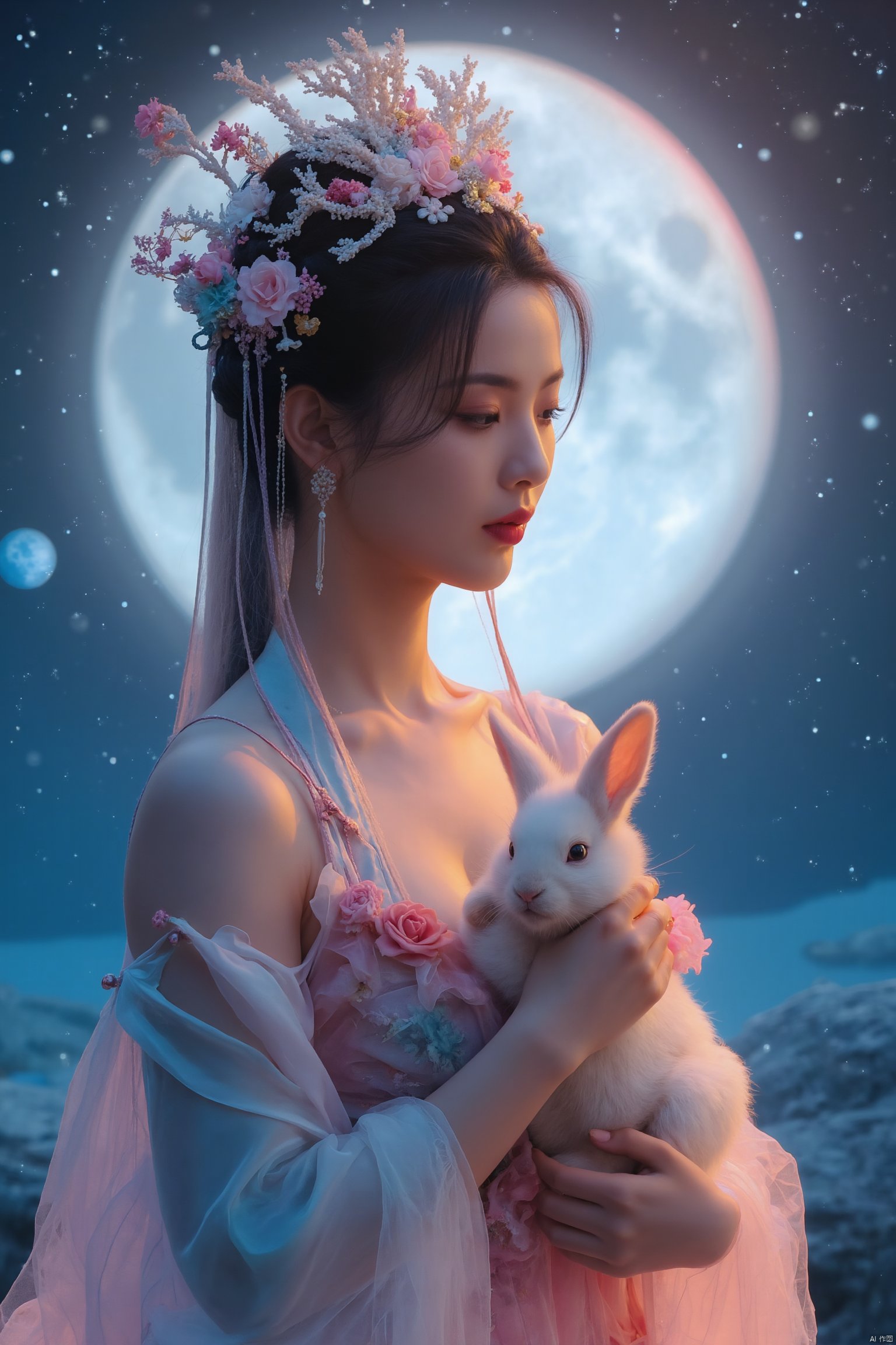 In a dreamlike scene, a woman embodying the Chang'e beauty stands out against a vibrant, fluorescent background teeming with stars. Her clean and beautiful face radiates serenity as she wears a kaleidoscope of colors that seem to shift and shimmer in harmony with the celestial bodies above. She holds a white rabbit close to her heart, while the glowing moon casts an ethereal light on the entire composition.
