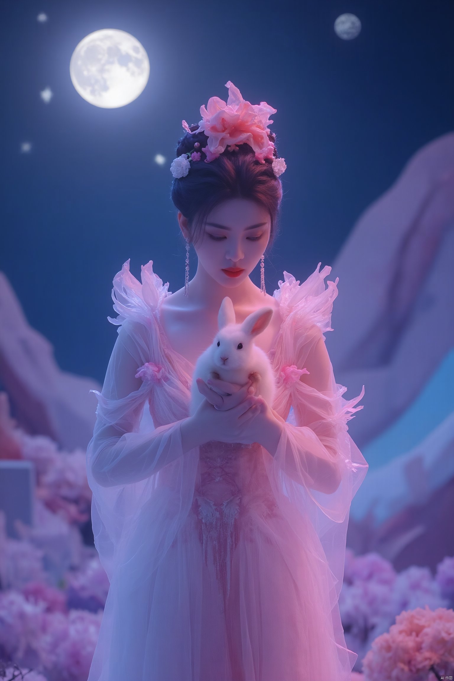 In a dreamlike scene, a woman embodying the Chang'e beauty stands out against a vibrant, fluorescent background teeming with stars. Her clean and beautiful face radiates serenity as she wears a kaleidoscope of colors that seem to shift and shimmer in harmony with the celestial bodies above. She holds a white rabbit close to her heart, while the glowing moon casts an ethereal light on the entire composition.
