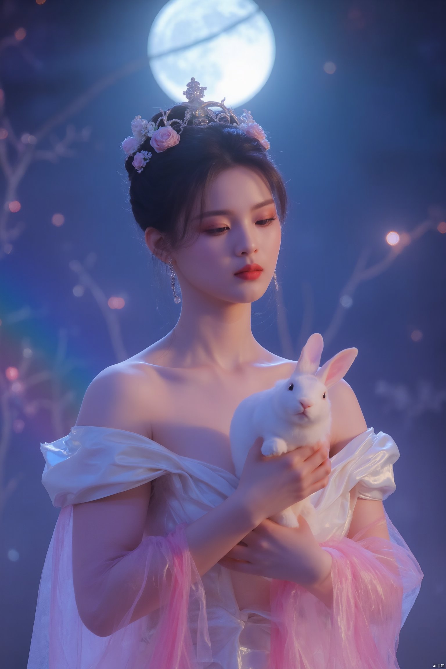 In a dreamlike scene, a woman embodying the Chang'e beauty stands out against a vibrant, fluorescent background teeming with stars. Her clean and beautiful face radiates serenity as she wears a kaleidoscope of colors that seem to shift and shimmer in harmony with the celestial bodies above. She holds a white rabbit close to her heart, while the glowing moon casts an ethereal light on the entire composition.
