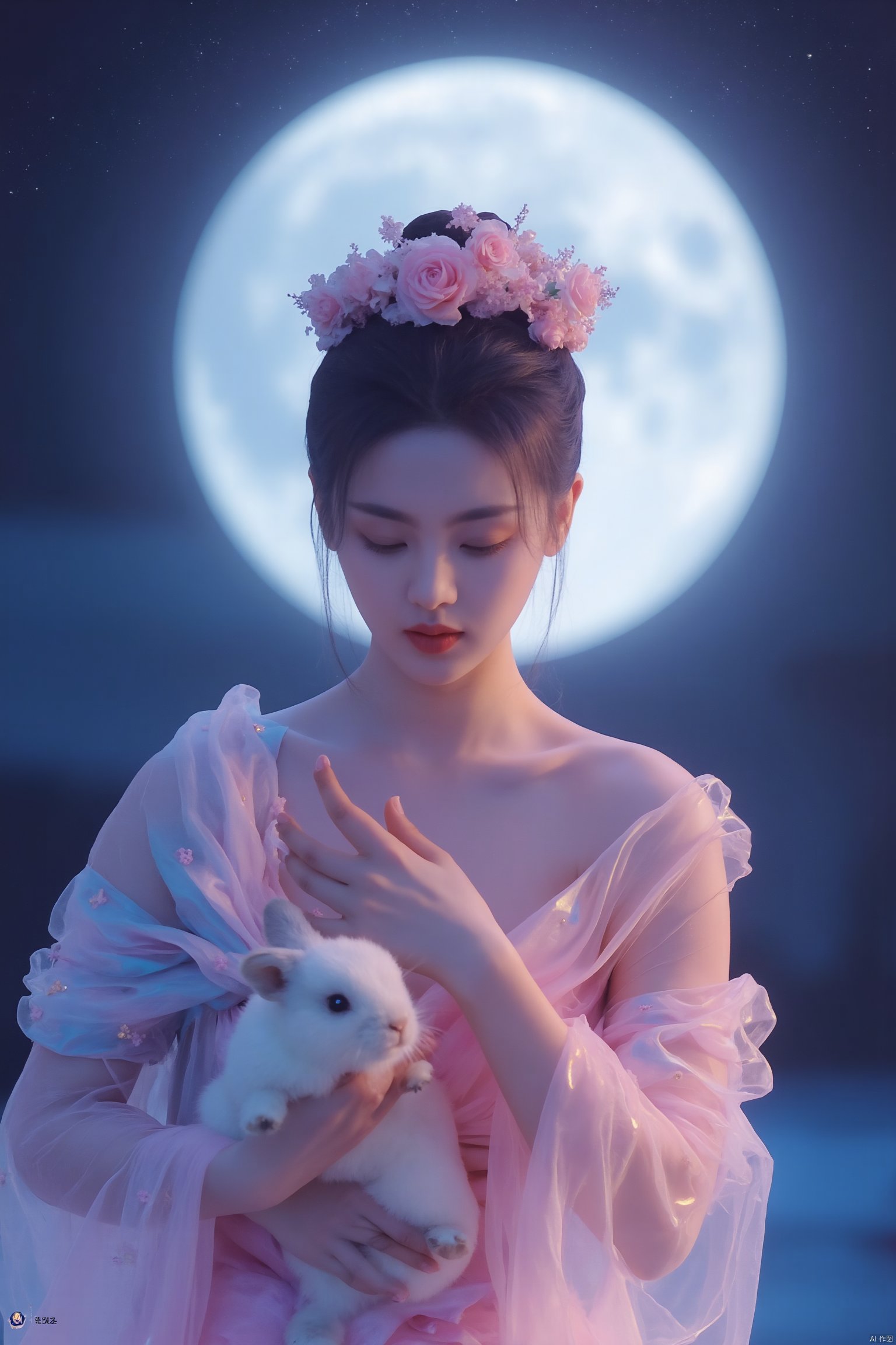 In a dreamlike scene, a woman embodying the Chang'e beauty stands out against a vibrant, fluorescent background teeming with stars. Her clean and beautiful face radiates serenity as she wears a kaleidoscope of colors that seem to shift and shimmer in harmony with the celestial bodies above. She holds a white rabbit close to her heart, while the glowing moon casts an ethereal light on the entire composition.
