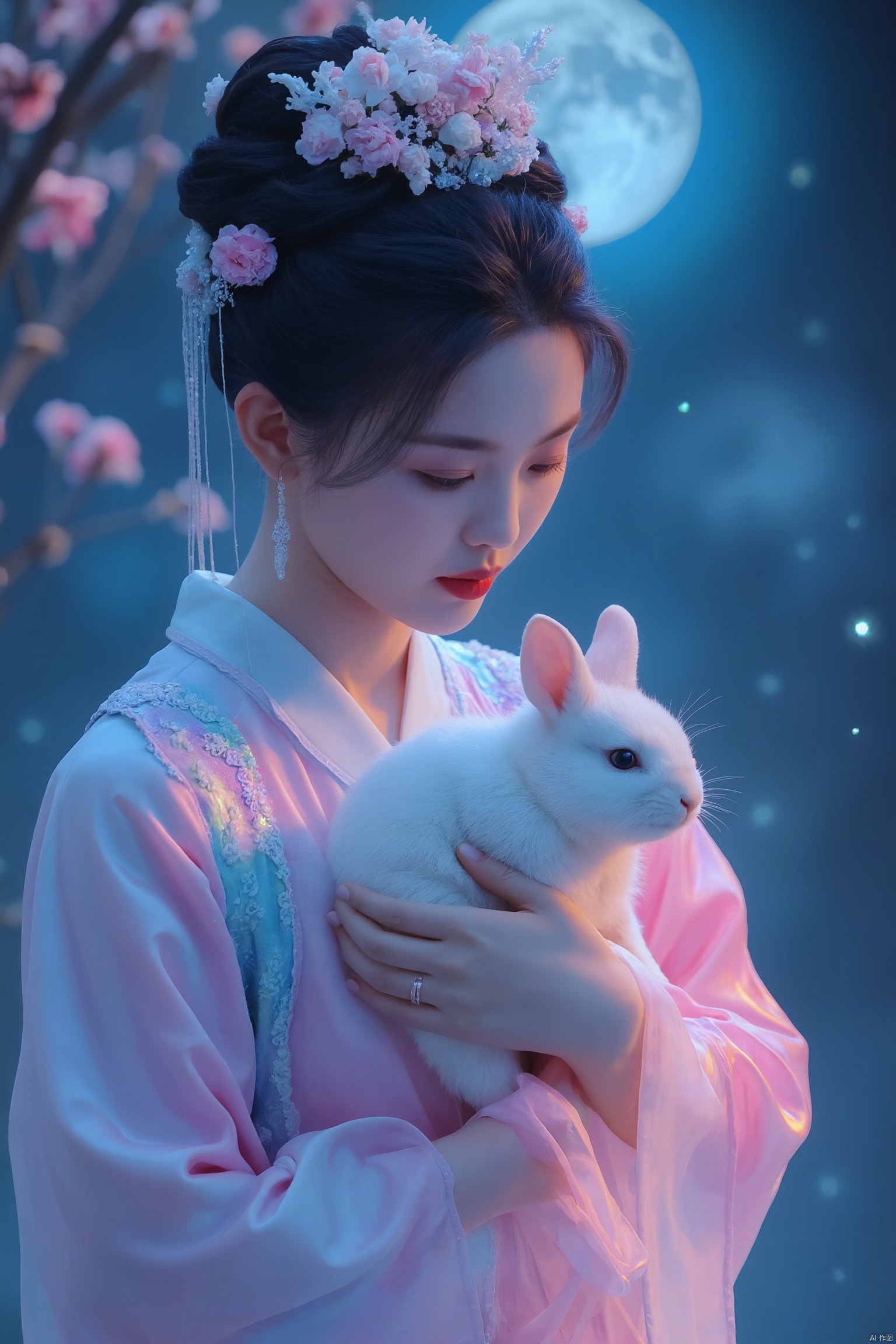 In a dreamlike scene, a woman embodying the Chang'e beauty stands out against a vibrant, fluorescent background teeming with stars. Her clean and beautiful face radiates serenity as she wears a kaleidoscope of colors that seem to shift and shimmer in harmony with the celestial bodies above. She holds a white rabbit close to her heart, while the glowing moon casts an ethereal light on the entire composition.
