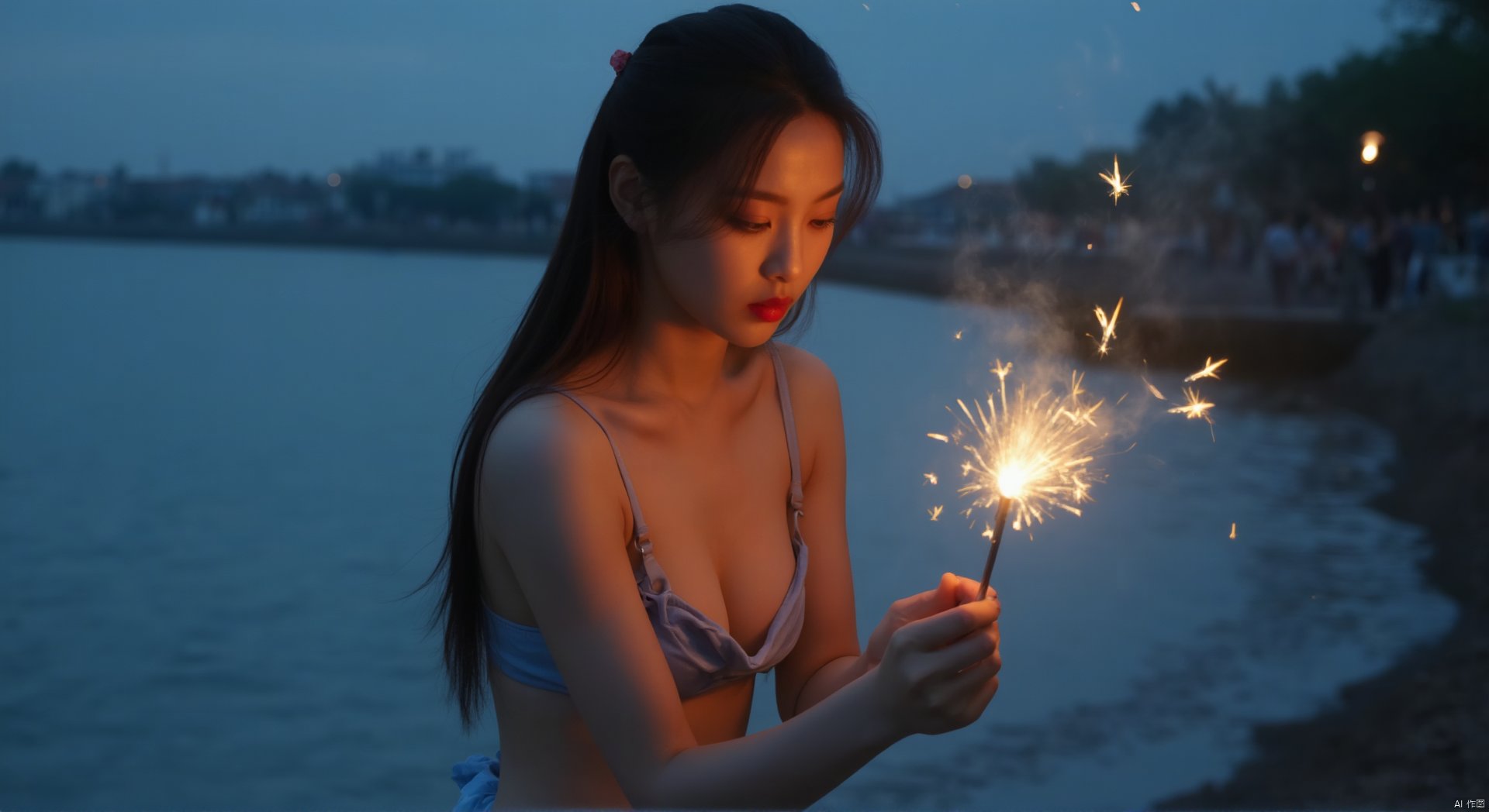 tianhai girl,photograph,A beautiful 18-year-old Chinese girl in a blue bikini and skirt,lighting fireworks on the beach,exuding the atmosphere of youth and loneliness,film stock,realism,realistic emotions,realistic light and dark relationships,realistic light and shadows,extreme details,realistic skin conditions,8K ultra-high definition,award-winning photography,masterpiece,best quality,
