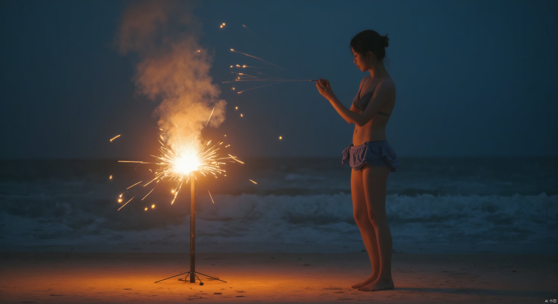 tianhai girl,photograph,A beautiful 18-year-old Chinese girl in a blue bikini and skirt,lighting fireworks on the beach,exuding the atmosphere of youth and loneliness,film stock,realism,realistic emotions,realistic light and dark relationships,realistic light and shadows,extreme details,realistic skin conditions,8K ultra-high definition,award-winning photography,masterpiece,best quality,
