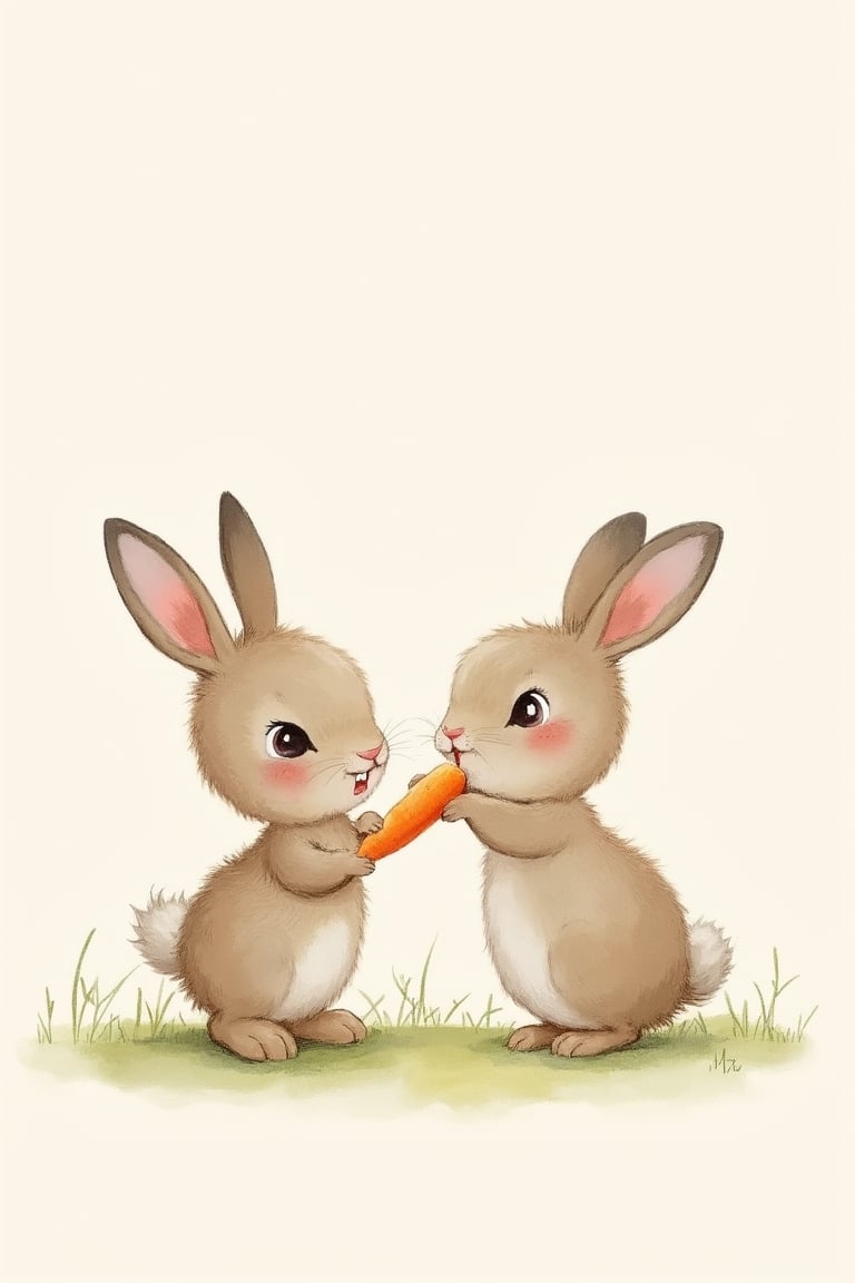 by_M_T_Ross, high quality kids illustration of two baby bunnies sharing a carrot, with their noses touching and tails wagging.